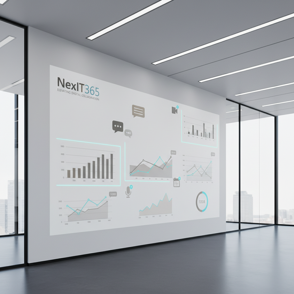 A dynamic digital dashboard projected crisply on an ultra-modern white wall, featuring minimalist graphs, charts, and Microsoft Teams icons in sophisticated neutrals and soft azure accents. The environment is an executive suite with subtle linear lighting in the ceiling, matte charcoal floors, and glass-walled partitions along the perimeter. Diffuse, natural daylight mingles with cool artificial light, ensuring perfect clarity and readability. The composition is wide-angle with a slight tilt, emphasizing the breadth of strategic information displayed. The atmosphere feels confident and results-driven, visually embodying NexIT365’s commitment to elevating digital collaboration with a photographic, business-centric aesthetic.
